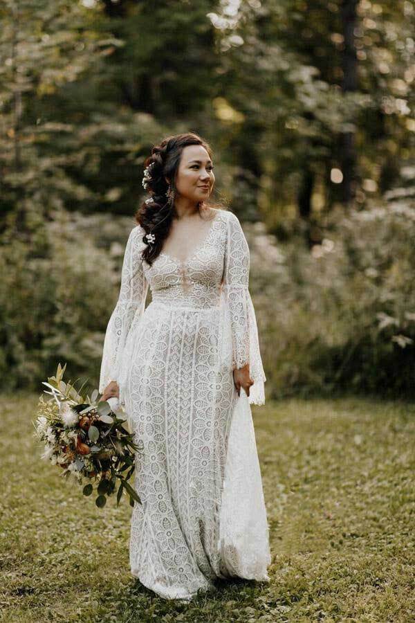 Sheath Long Sleeves Lace up Back Beach Wedding Dresses, Bridal Gown, MW741 | vintage wedding dresses | lace wedding dresses | wedding gowns | www.musebridals.com